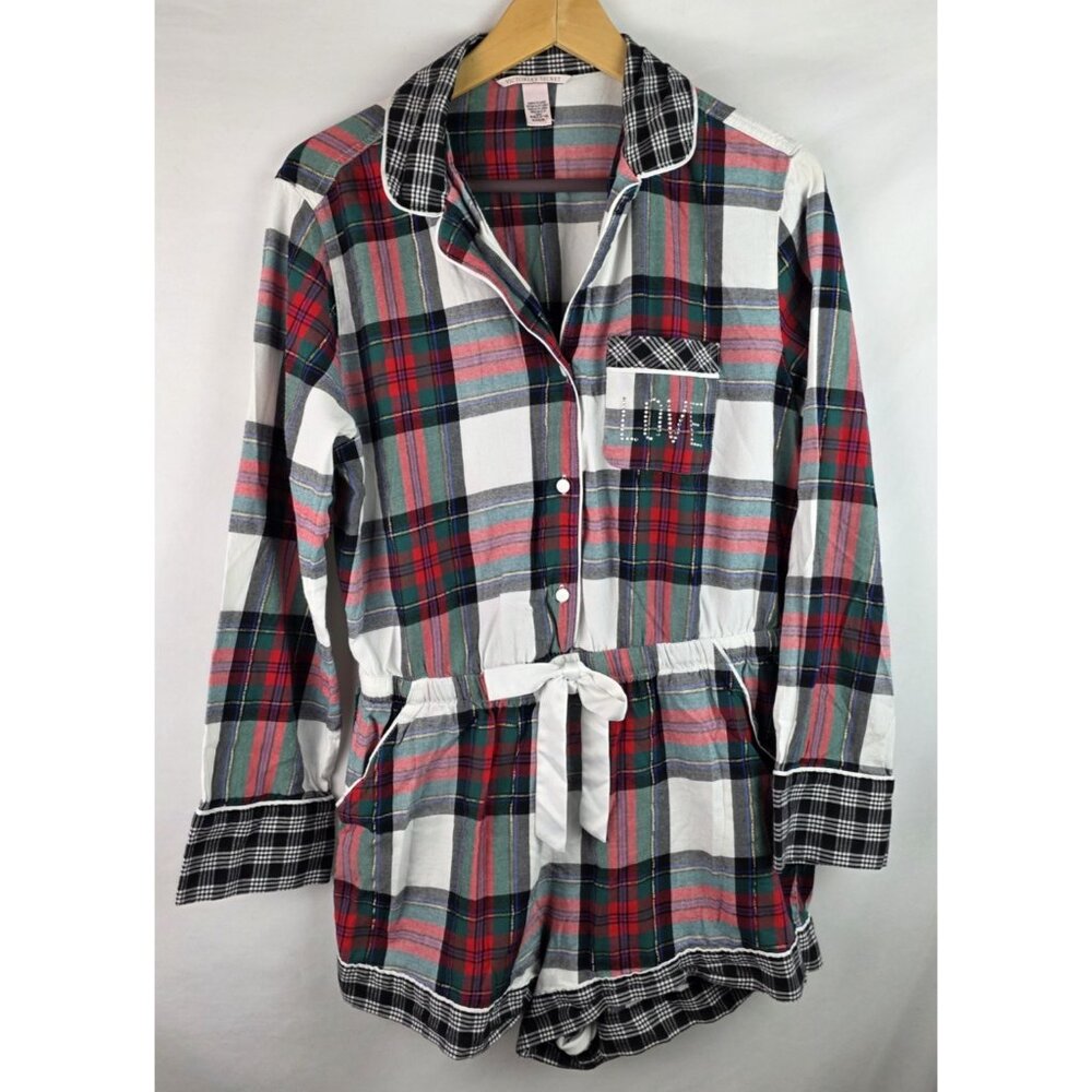 Victoria's Secret Womens Romper Pajamas Size Medium Red Plaid Lounge Shorts PJs